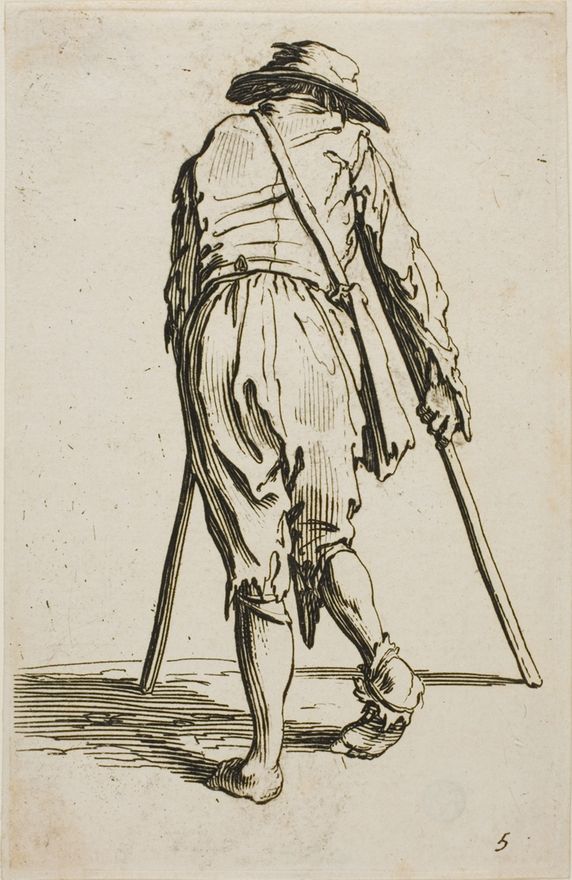Beggar on Crutches and Wearing a Hat, seen from Back, plate five from The Beggars by Jacques Callot