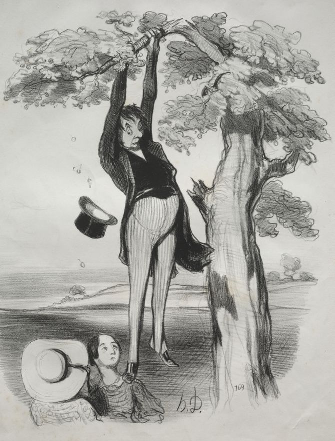 The hazards of shaking a plum tree too vigorously, when one too is mature. by Honoré Daumier