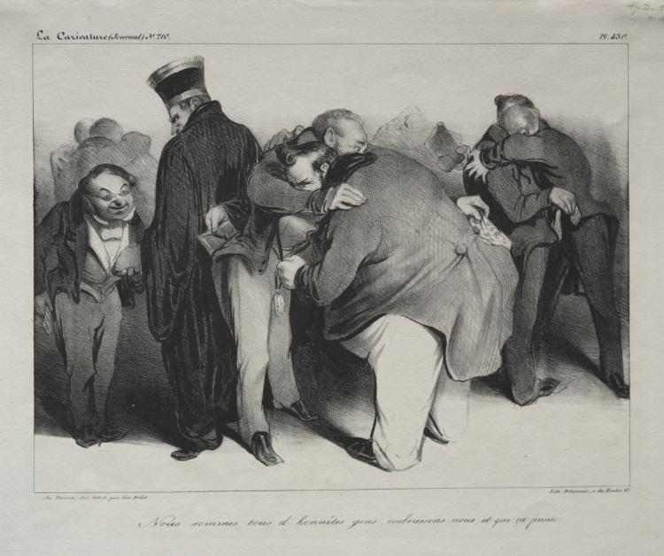 We are all honest men, so let us embrace and be done with it by Honoré Daumier