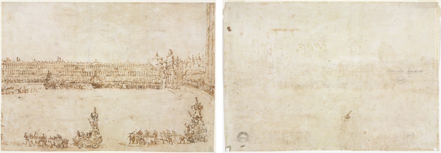 A Procession of Triumphal Cars in the Piazza San Marco, Venice, Celebrating the Visit of the Conti del Nord (recto); Three Sketches of Arches (verso) by Francesco Guardi
