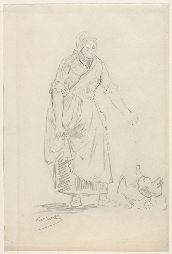 Peasant Girl Feeding Chickens by Camille Corot