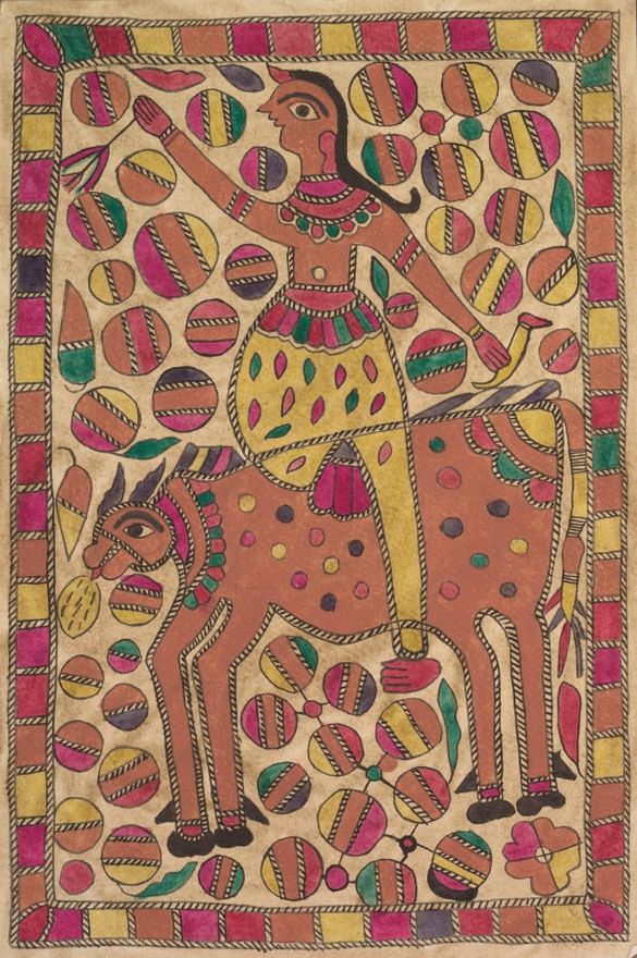 Rider and four-legged bovine creature with border of colored squares by Unknown artist