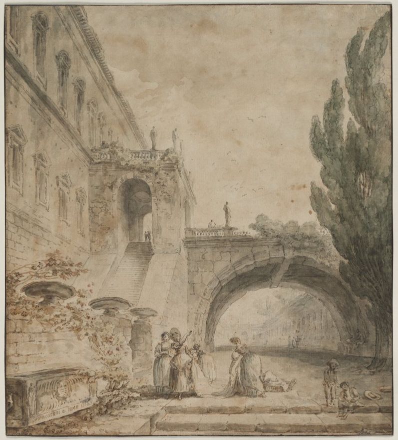 A Palace with an Arched Bridge (A Roman Villa) by Hubert Robert