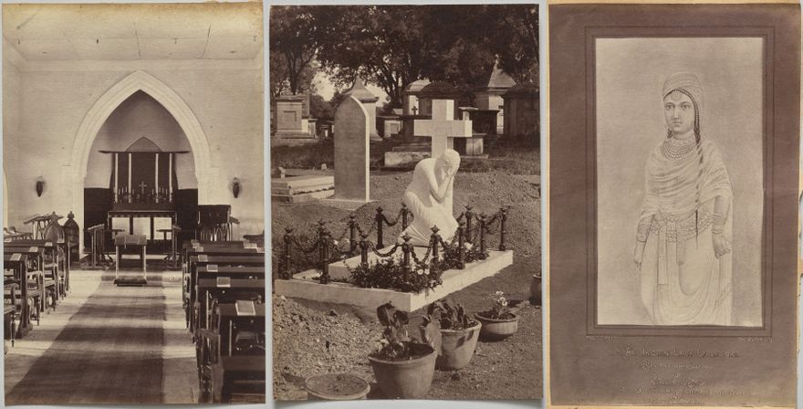 Interior of Church, Neemuch (recto, right); Grave of Dr. Falwasser, Neemuch (recto, left); Indian Lady 250 BC (verso, right) by Raja Deen Dayal