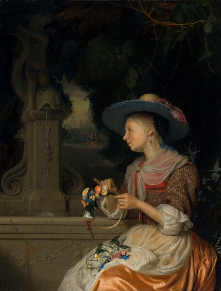 Woman Weaving a Crown of Flowers by Godefridus Schalcken