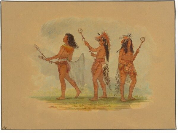 Three Celebrated Ball Players - Choctaw, Sioux and Ojibbeway by George Catlin