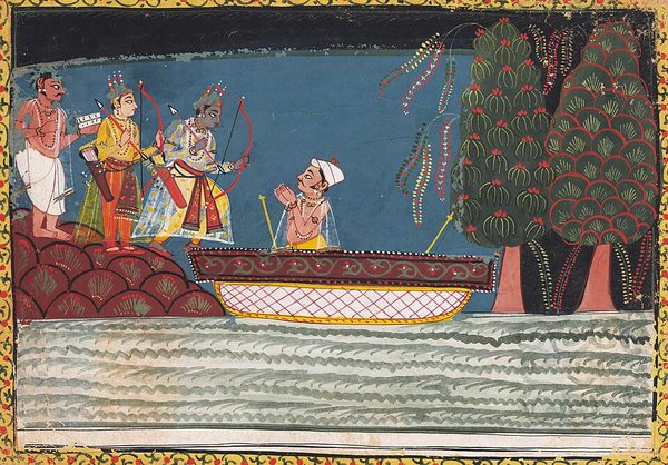Rama and the boat man Kewat on the banks of river Ganga by Unknown artist