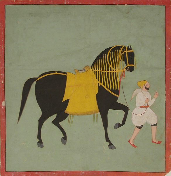 A black horse, with a yellow caparison, on a green background. One morchal bear by Unknown artist