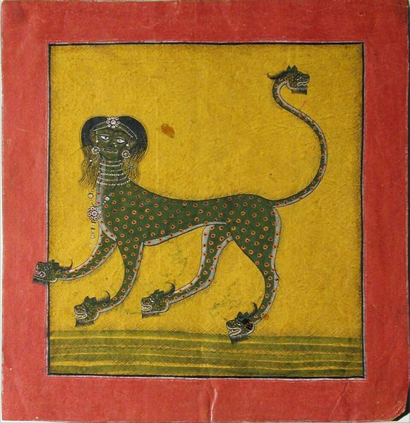 A dragon with woman's head and small dragons' heads for paws and end of tail by Unknown artist