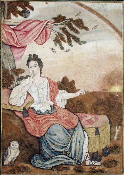 A European woman seated under a branch, with an owl by Unknown artist