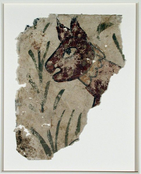 A fragment with an animal head (cat? jackal?) with simple stalks of vegetation by Unknown artist