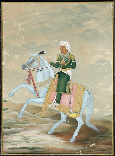 A horseman, dressed in green with a white-streaked turban, mounted on a blue ho by Unknown artist