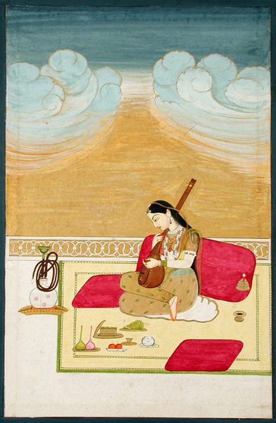 A lady seated against a bolster, playing the tambura by Unknown artist