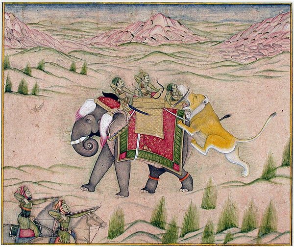 A lion attacks a hunting party atop an elephant by Unknown artist