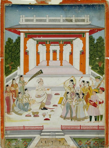 A maharaja playing Holi with women and musicians near a garden pavilion by Unknown artist