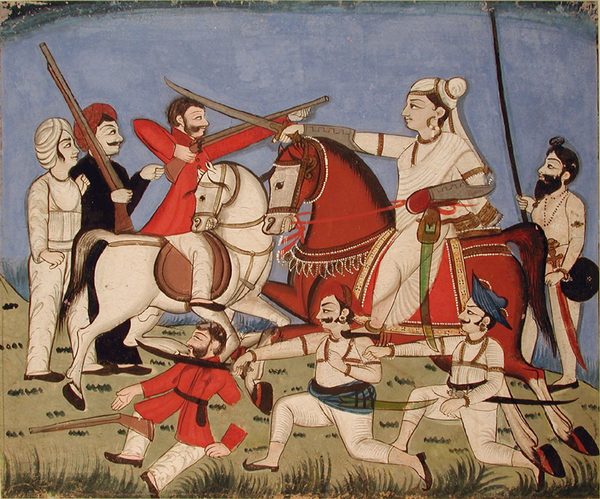 The Rani of Jhansi on horseback kills an Englishman with her sword, while one of by Unknown artist