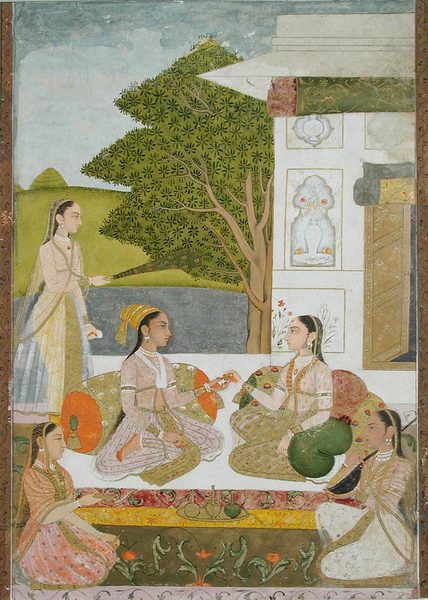 Two women and musicians seated outside a pavilion by Unknown artist