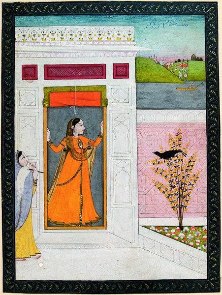Woman awaits the arrival of her love; a crow caws from a bush by the door by Unknown artist
