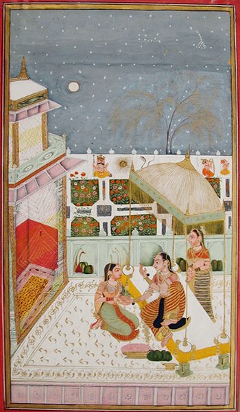 Woman on a garden terrace at night, attended by two maids by Unknown artist