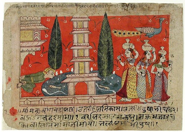 A man climbing on the side of a palace spies gopis across a pond with a pagoda by Unknown artist