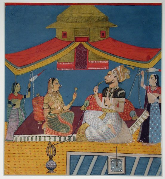 A man smoking a hookah on a terrace, with a woman and two maids by Unknown artist