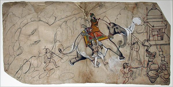 A Muslim holy man on an elephant approaches a shrine by Unknown artist