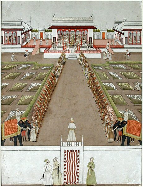 A Nawab holding court within a pavillion, beyond an avenue of retainers and two by Unknown artist