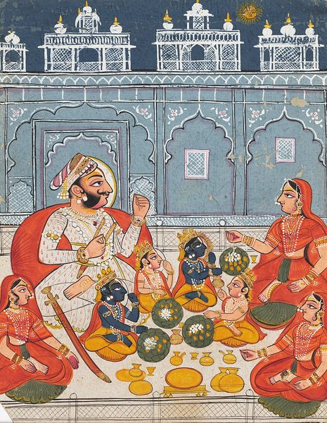 A family scene: Rama and his brothers in the company of Raja Dashratha and his three queens by Unknown artist