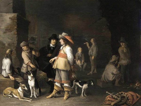 Guardroom interior with hunters and dogs by Anthonie Palamedesz.