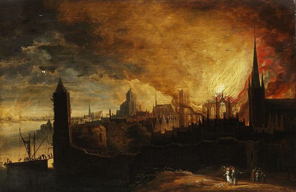 Burning city with Lot and the angel and his daughters by Unknown artist