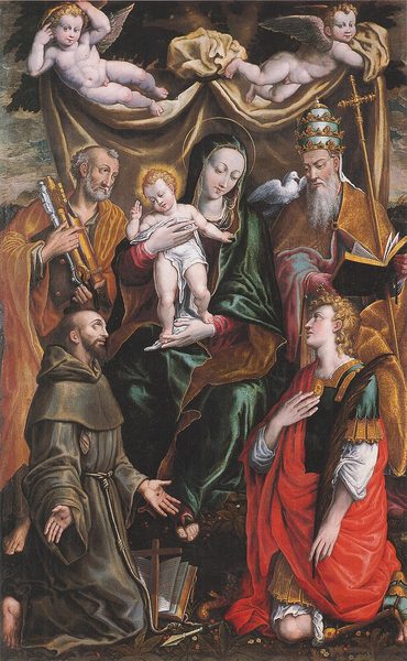 Madonna col Bambino e i santi Pietro, Francesco, Gregorio e Floriano by Ercole Ramazzani