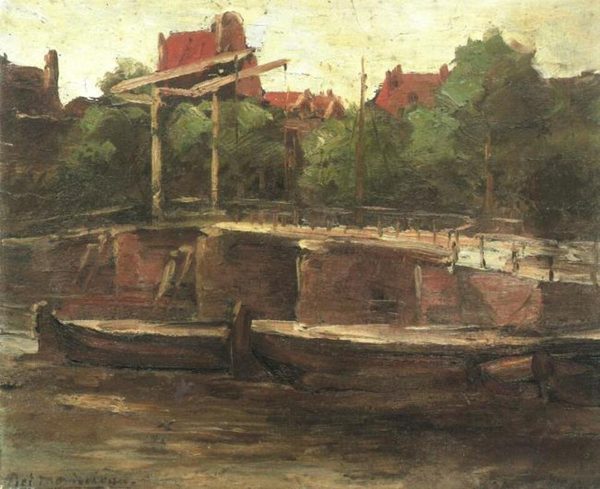 Waalseilandgracht with bridge and flat barges by Piet Mondrian