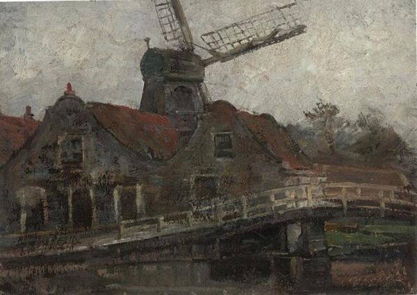Houses and paltrok mill on the Voorweg by Piet Mondrian