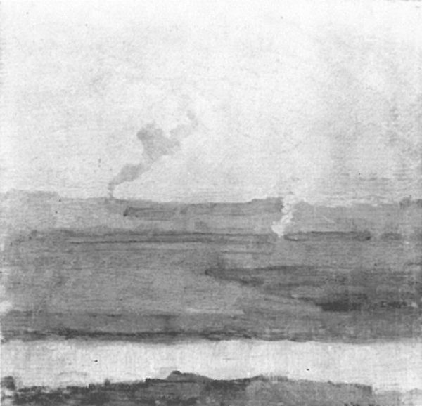 Polder landscape, smoke rising in background by Piet Mondrian