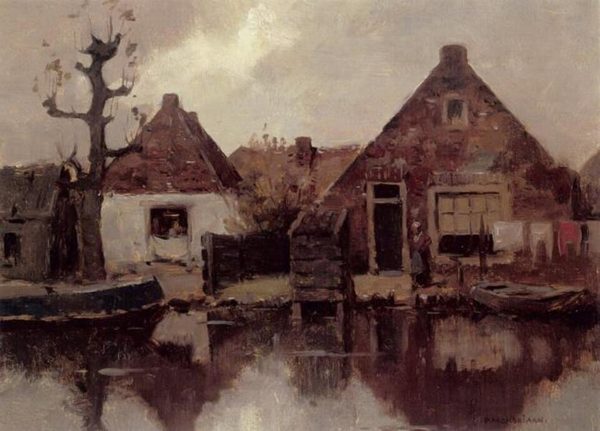 Two gabled house façades along a canal by Piet Mondrian