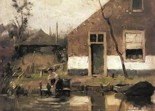 Truncated view of a gabled house façade on a canal by Piet Mondrian