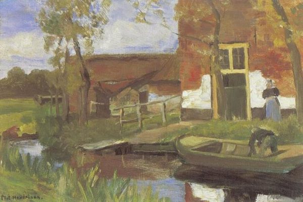 Farm buildings near a canal with small boat by Piet Mondrian