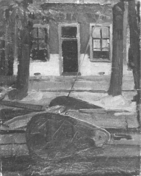 Truncated view of tjalk and house façade by Piet Mondrian