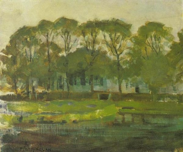Farmhouse along the water shielded by arch of trees II by Piet Mondrian