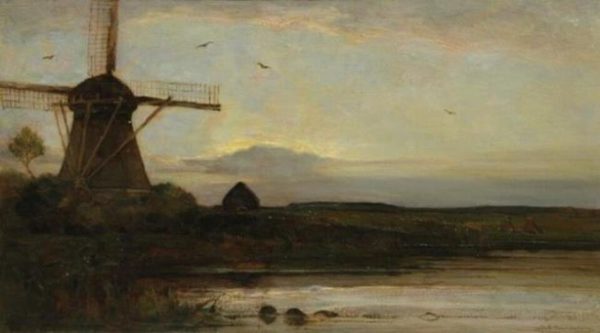 Oostzijdse mill with extended light blue, yellow and violet sky by Piet Mondrian