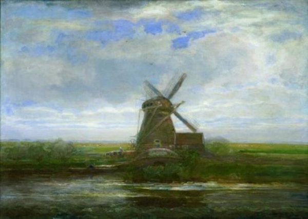 Oostzijdse mill with panoramic sunset, mill at center by Piet Mondrian