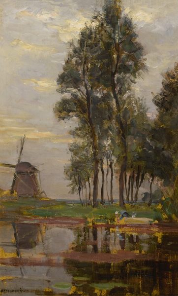 Windmill near tall trees with woman at the wash stoop by Piet Mondrian
