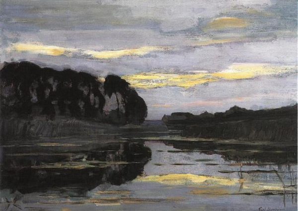 Farmstead on the Gein screened by tall trees with streaked sky by Piet Mondrian