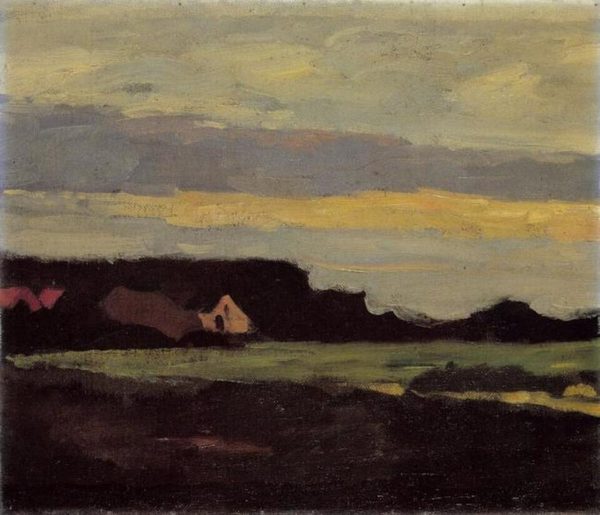 Farm buildings in white and red near a green field by Piet Mondrian