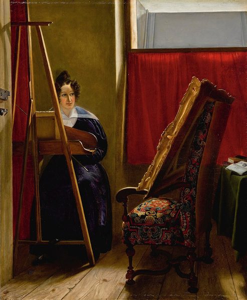 Portrait of the artist, seated at her easel by Amile Ursule Guillebaud